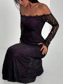 Aloruh Đầm bodycon dài tay dáng đuôi cá gợi cảm, trễ vai, ren, thích hợp cho tiệc cocktail và hẹn hò ngày Valentine. - Màu tím - Xem 7