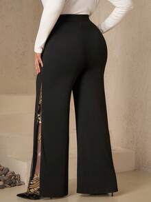 Chikora Plus Size Women Elegant Party Sequin Mesh Patchwork Wide Leg Loose Pants - Gold - View 7