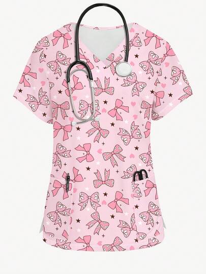 PopScrub Blusa de mujer/uniforme de enfermería con estampado floral y de lazo, de manga corta y cuello en V, para primavera/verano