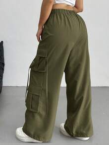 SHEIN Tall CURVE 大码女式纯色纽扣工装休闲阔腿裤，日常百搭 - 軍綠色 - 查看 2
