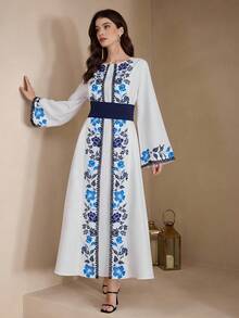 Al Najma Traditional Turkish/Arabic Style Long Tunic Dress For Women, Blue & White Printed Arabic Dress For Women Abaya For Women Dubai - Blue and White - View 6