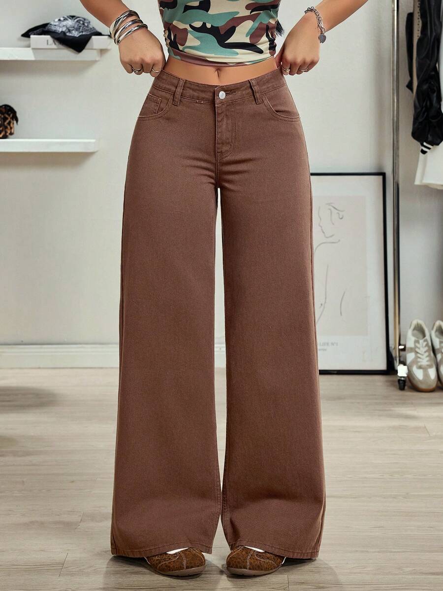 SHEIN Tall Jeans de pierna recta y ancha de uso casual y versátil para mujer - Marrón - Ver 1