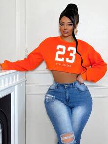 BamGleam 秋季休闲短款卫衣，饰有数字印花 - 橘色 - 查看 4