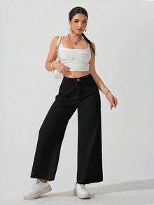 SHEIN ICON Jeans rectos de talle elástico negro con dobladillo deshilachado para mujer de talla grande - Negro - Ver 3