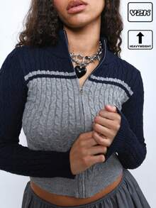 COUREZ Fitted Zip Up Funnel High Neck Jumper Y2K Vintage - Grey - View 1