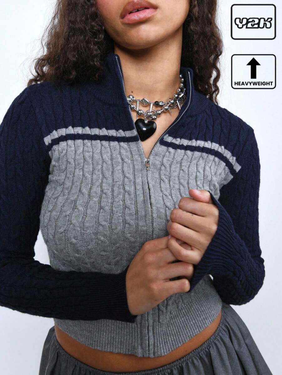 COUREZ Fitted Zip Up Funnel High Neck Jumper Y2K Vintage - Grey - View 1