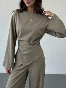 Aloruh Women's Elegant Sage Green Office Outfit: Ruched Bell Sleeve Blouse And Extra Long Straight Leg Wide Leg Pants For Autumn - Khaki - View 6