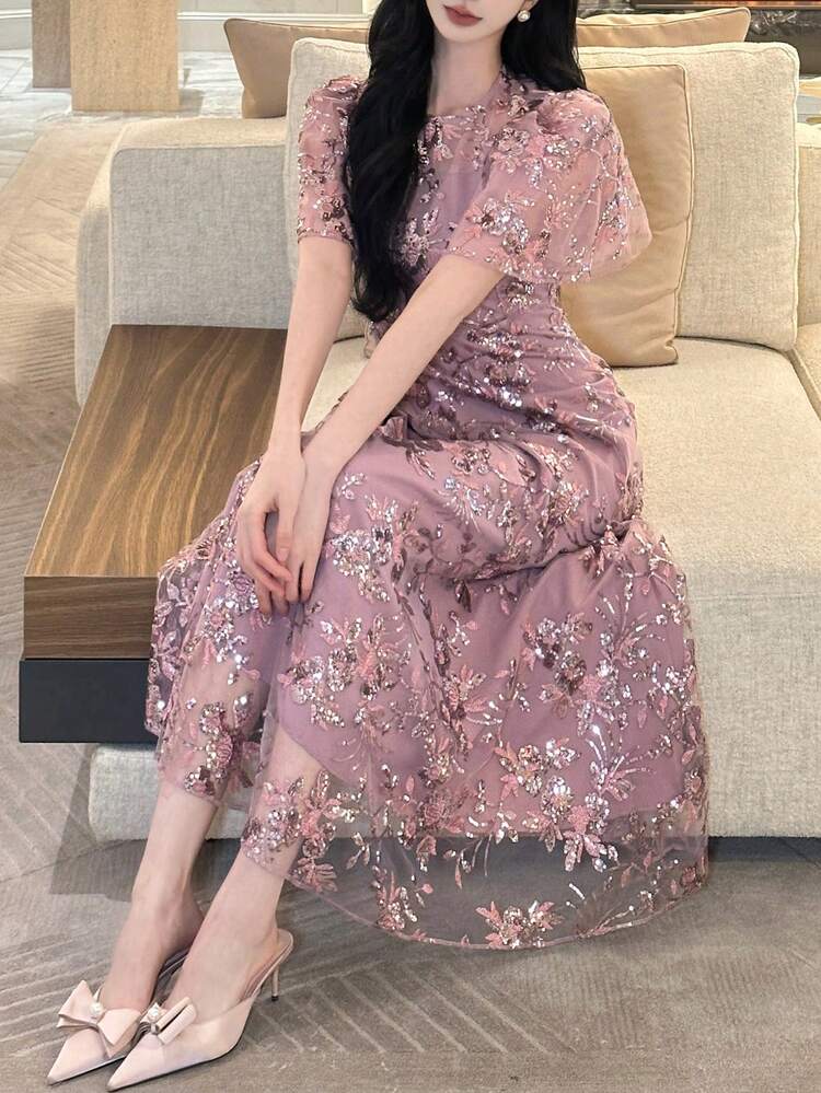 Women's Sequin Embellished Short Sleeve Dress Sundress Floral Dresses For Women