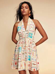 Travachic 热带龙虾水果印花露背迷你连衣裙 - 紅色 - 查看 6