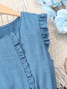 Elegant Minimalist Sleeveless Frill Trim Jumpsuit, Suitable For Vacation And Commute, Blue Texture