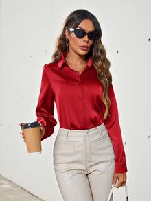 Aveloria Modichic Solid Color Button Down Long Sleeve Shirt Holiday Party Clothes Button Up Shirt Women  - Red - View 2