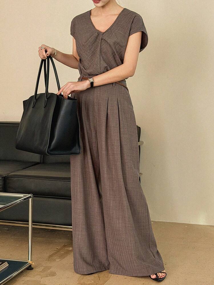 Women's Summer Casual/Office Solid Color Shirt And Pants 2 Pieces Set