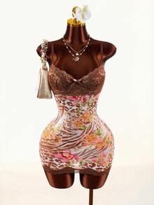 Amplova Lace Cup Detail Tropical Floral Mesh Bodycon Mini Dress Brown Lace Mesh Bow Sleeveless Leopard Print Zebra Print Lace Trim Mini Fitted Waist Dress - Multicolor - View 3