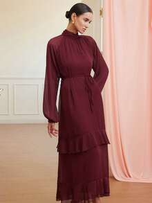 Revavyn Fashionable Design Sense High-End A-Line Chiffon Lantern Sleeve Long Sleeve Dress - Burgundy - View 1