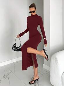 Siren Gaze Women's Solid Color Ring Decor Backless Fitted Long Sleeve Dress Spring Valentine's Day Party Elegant Red Wedding - Burgundy - View 3