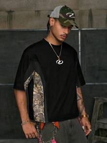 AXEPEAK Áo thun nam tay ngắn cổ tròn phối màu tương phản - màu đen - Xem 5