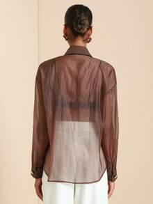 Vesra Bluză transparentă cu nasturi metalici și umeri căzuți pentru femei la modă - cafea maro - Vizualizare 2