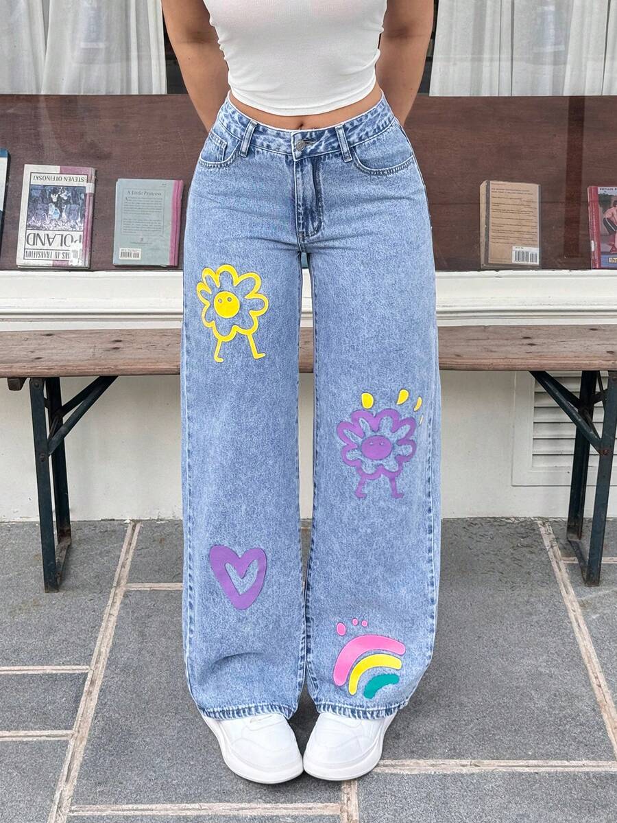 Rivivi Fashionable Floral Print Washed Wide Leg Low Waist Jeans - Light Wash - View 1