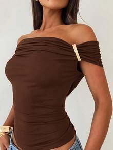 Aloruh Coffee Brown Asymmetrical Shoulder Knit Top - Coffee Brown - View 8