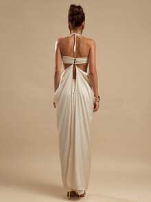 SHEIN BAE 杏色缎面露背吊带镂空连衣裙，优雅连衣裙，度假沙滩长裙，早午餐连衣裙，婚礼宾客礼服，时尚连衣裙，夏季女装，复古风 - 杏色 - 查看 3