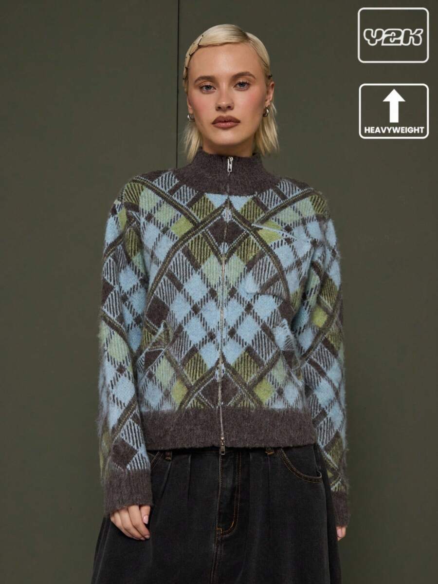 COUREZ Maglione con chiusura lampo e collo alto a quadri/Maglione da donna in stile Y2K per l'inverno, caldo e morbido, in maglia casual, adatto per uscire, per feste e Capodanno