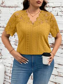 SHEIN Clasi Plus Size Summer Solid Color Contrast Lace Hollow Out Embroidery T-Shirt - Yellow - View 5