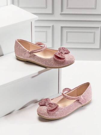 Mini mi Bailarinas de niña con puntera redonda, decoración de lazo con strass, color rosa brillante - Elegante, con brillo y cómoda