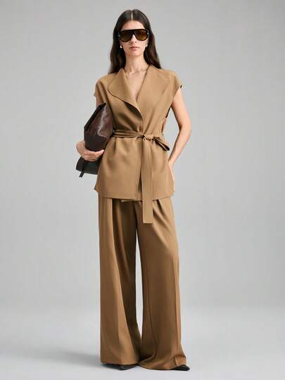 Ontre 2026SS Women's High-End Charcoal Gray Comfortable Soft Fabric Crossover Collar Loose Fit Top With Detachable Belt, Modern Urban Casual Business Wear, Elegant And High-Quality Office Outfit, Designer Minimalist Comfortable Urban Series Women's Suit Modern Urban Casual Fashion Business Casual Women's Office Wear Low-Key Old Money Style Effortless Temperament High-End Urban Commuting High-Quality Airport Women's Wear High-End Material Bohemian Style Vacation Wear