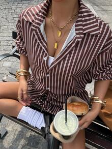 SHEIN Muchic Bộ 2 món quần short dài tay dệt sọc màu cà phê dành cho nữ - màu nâu - Xem 5