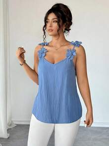 Elenzga 大码女式优雅3D立体花卉装饰蓝色纹理面料休闲衬衫，弹力修身舒适吊带衫，收腰A字版型，修饰腹部线条，浅蓝色优雅精致吊带上衣，适合返校、毕业典礼、情人节、音乐节、母亲节、万圣节、感恩节、复活节、国庆节、晚宴、约会、派对、婚礼季、户外活动等场合。 - 藍色 - 查看 7