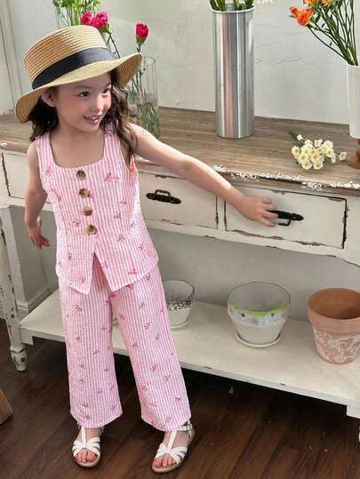 SHEIN Young Girl Casual Street Chic Commuting Fashion Striped Square Neck Sleeveless Top And Straight Leg Pants Set