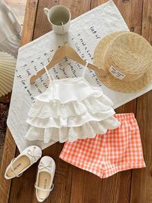 Babygirl Summer Cute Vacation Ruffle Camisole Top And Plaid Shorts Set - Orange - View 8