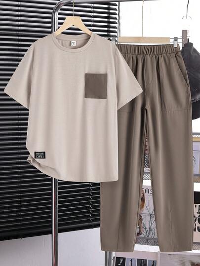 SHEIN 2pcs/Set Teen Boys Casual Comfortable Versatile Contrast Color Pocket Short Sleeve Top And Pants Set