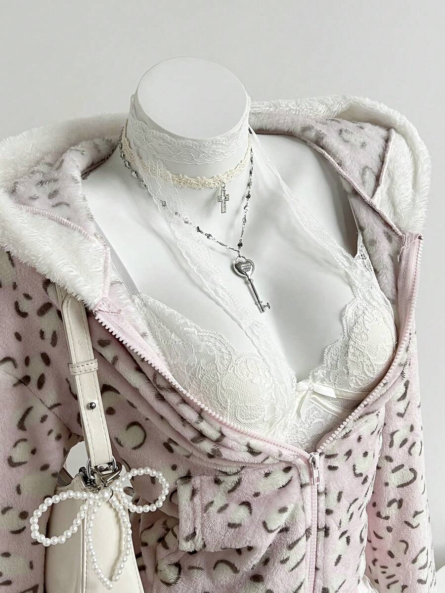 Elamini 女士豹纹双面保暖连帽外套，配有人造毛领，修身剪裁，带口袋，拉链前襟，罗纹袖口和下摆，适合秋冬季外出、聚会、上学、上班、休闲约会、复古日常穿着。 - 淺粉色 - 查看 1