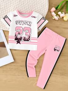 SHEIN Playful Pals 春夏女童休闲时尚创意个性清新可爱简约纽约23火焰星条纹图案字母标语印花T恤和打底裤两件套，舒适日常穿着，温暖的夏秋风格 - 彩色 - 查看 5