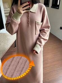DAZY Rochie lungă, lejeră, tricotată, minimalistă, în culori contrastante, pentru femei, lejeră, lejeră, pentru casă, de iarnă - Roz - Vizualizare 1