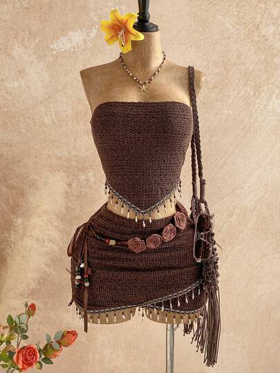 Soleia 女士度假针织抹胸上衣，复古印花，饰以串珠链条，适合派对、圣诞节、约会之夜、夜店、海滩、邮轮、下午茶、波西米亚风、度假、秋季等场合。