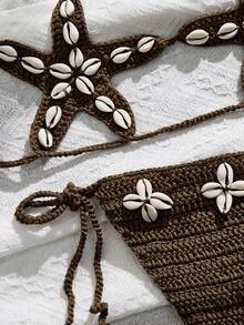 Swim Vcay 女士米色钩针贝壳和海星手工波西米亚风沙滩比基尼罩衫