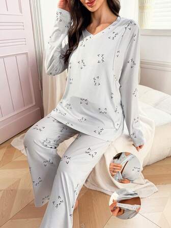 Moonlight & Mama Cat Print Nursing Friendly Long Sleeve Top And Pants Maternity Pajama Set