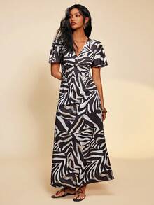 Travachic 女士撞色印花V领短袖连衣裙 - 彩色 - 查看 5