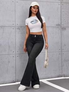 SHEIN ICON 黑色弹力修身休闲喇叭牛仔裤，女士款，四季皆宜 - 黑色 - 查看 6