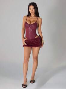 SHEIN PETITE Women's Sexy Crocodile Print Camisole Jumpsuit & Fluffy Mini Skirt 2 Pieces Set, Summer - Burgundy - View 4