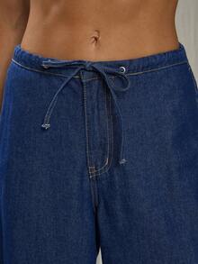 TRNVIE 时尚休闲系带低腰阔腿牛仔裤 - 中等水洗藍 - 查看 3