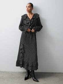Maija 黑白波点荷叶边下摆浪漫情人节派对长袖连衣裙，女士秋冬款 - 黑與白 - 查看 1