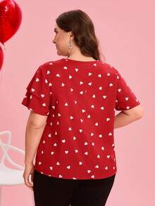 SHEIN Clasi 大码女式夏季休闲/假日爱心印花层叠荷叶袖宽松衬衫 - 紅色 - 查看 7