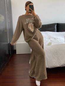 DAZY 女士两件套冰淇淋印花抓绒针织宽松睡衣套装，秋冬季 - 卡其色 - 查看 6