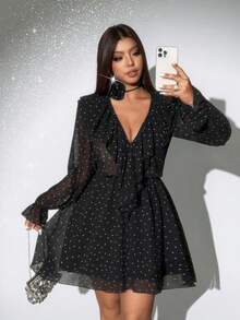 Viva Relle Valentine Plus Size Elegant Sexy Polka Dot Print Ruffle Hem Dress - Black - View 1