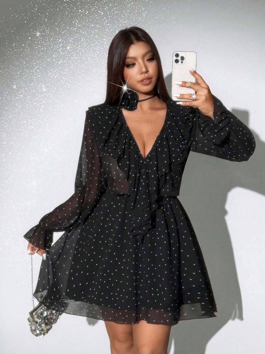 Viva Relle Valentine Plus Size Elegant Sexy Polka Dot Print Ruffle Hem Dress - Black - View 1