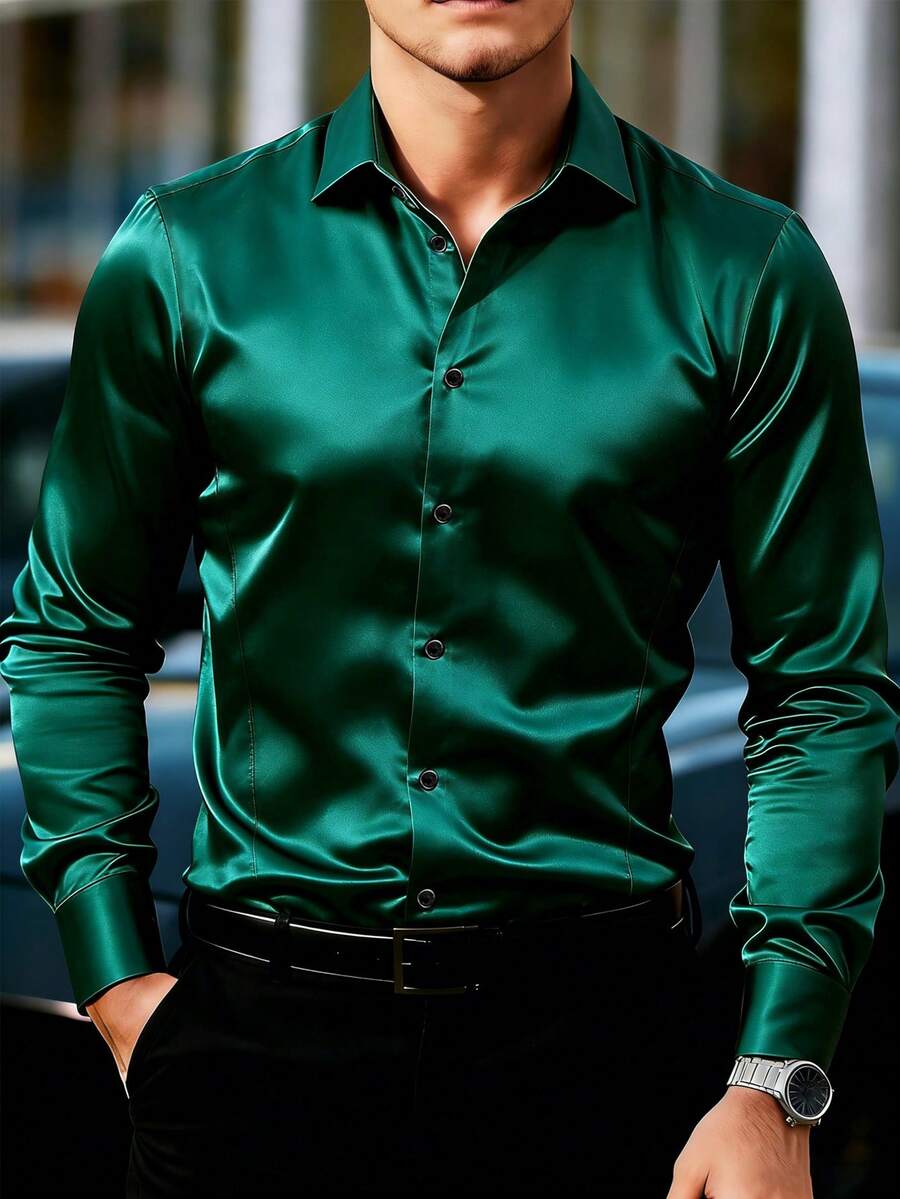 Manfinity AFTRDRK 男士纹理设计休闲商务长袖衬衫 绿色男士正装衬衫 缎面男士衬衫 男士衬衫 男士真丝衬衫 男士奢华衬衫 适合老钱风格、日常休闲、周末旅行、户外活动、探险旅行、轻松的工作环境或半正式场合，也是送给男友/丈夫、周年纪念/生日、派对、暑假、新年、婚礼、情人节的理想礼物。 - 墨綠色 - 查看 1