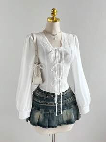 Sweetra Elegant French Lady Style Pure White Floral Lace Patchwork Unique Button Front Design Women Blouse, Early Autumn Fashion - White - View 4